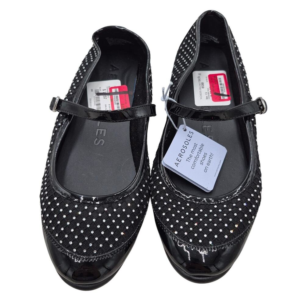 NEW Aerosoles Baylee Black Mesh Rhinestone Studded Mary Jane Ballet Flats sz 8W